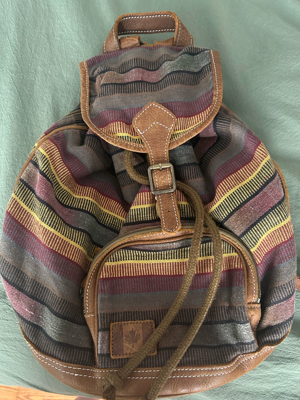 Rare Vintage Roots Multicolor Striped Canvas and Brown Leather Backpack